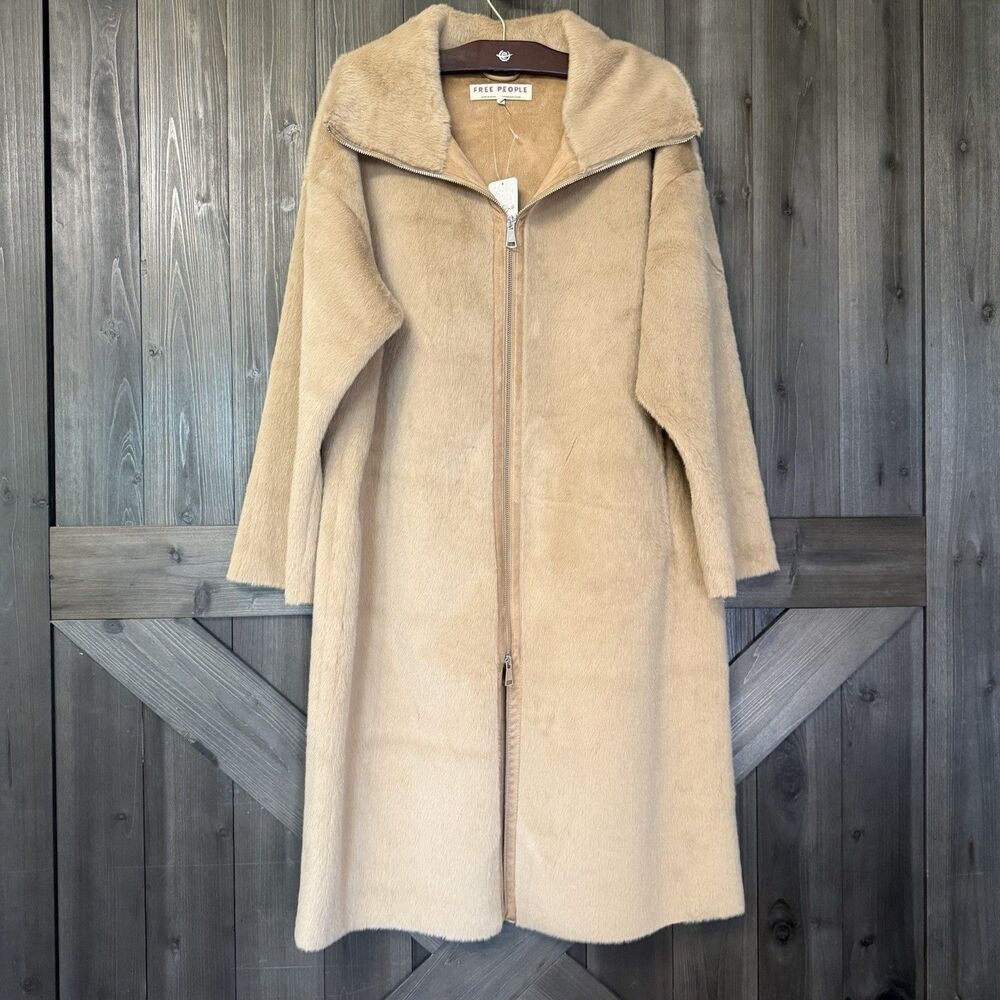 Free People Lana Oversized Camel Beige Faux Fur Duster Coat Luxe Teddy Y2K NWT S